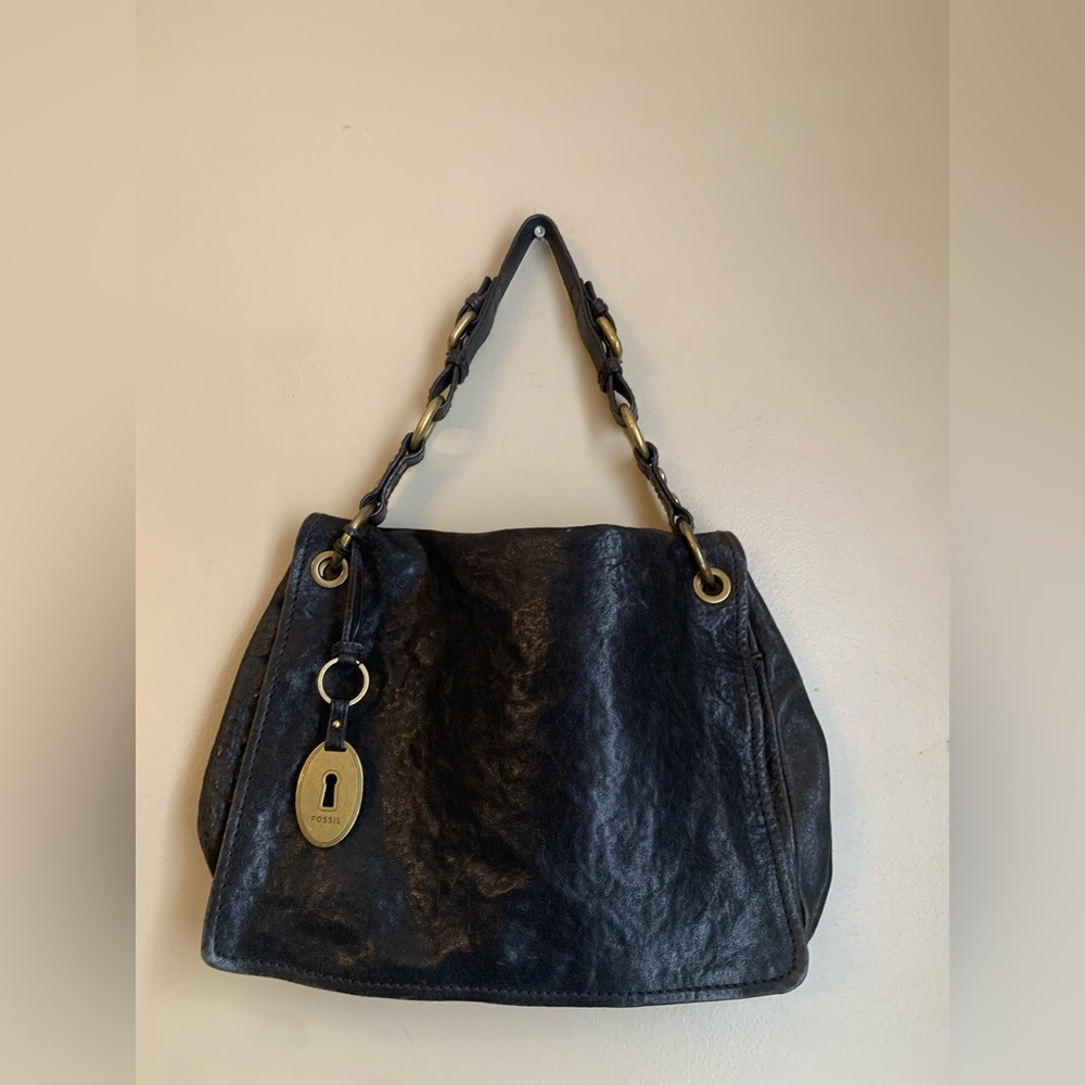 Fossil Vintage Women's Shoulder Bag Leather Black Medium Flap Key Y2k
